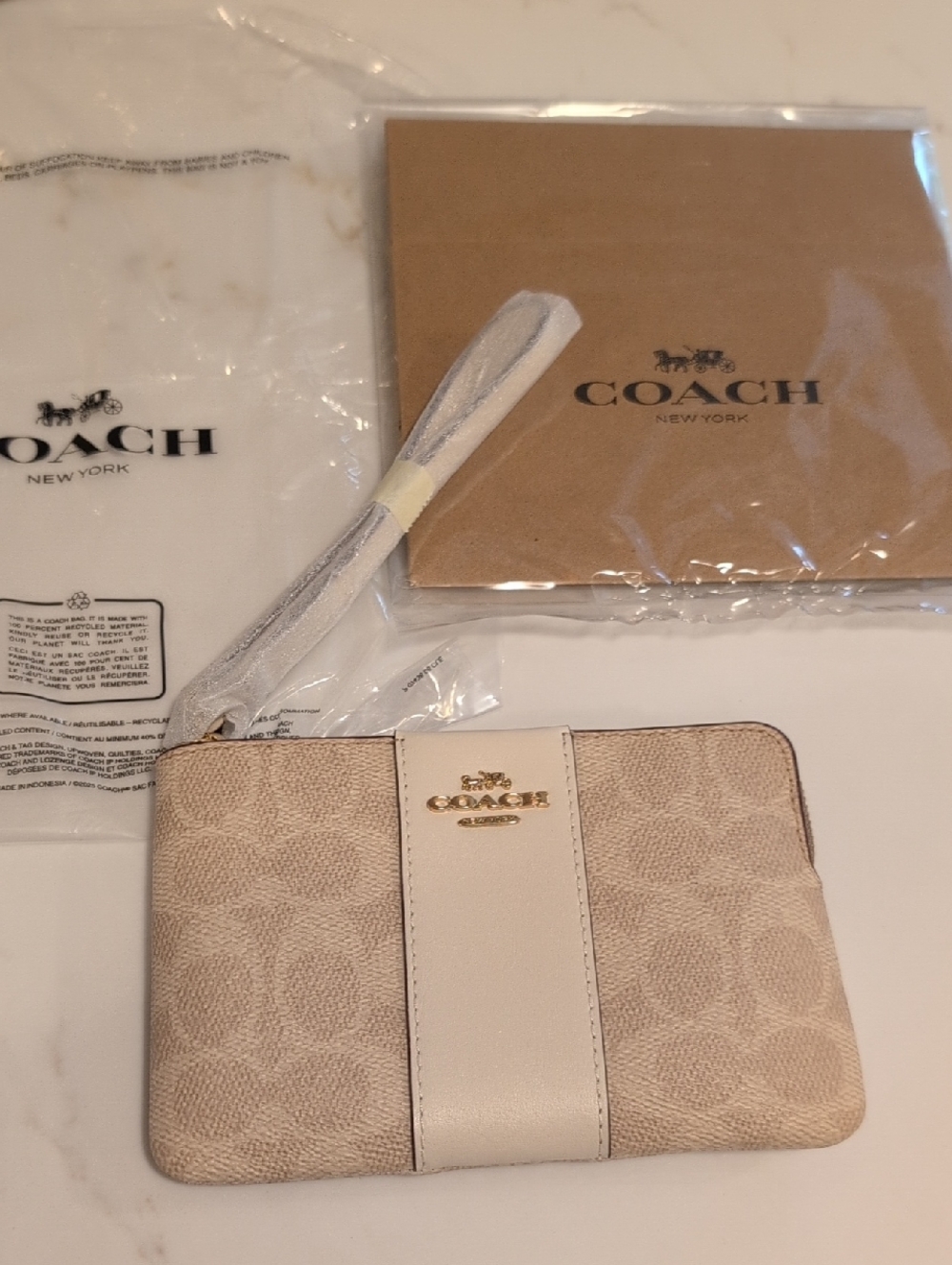 Coach Sand and Chalk Signature Canvas and Leather Corner Zip Wristlet NWT & BOX